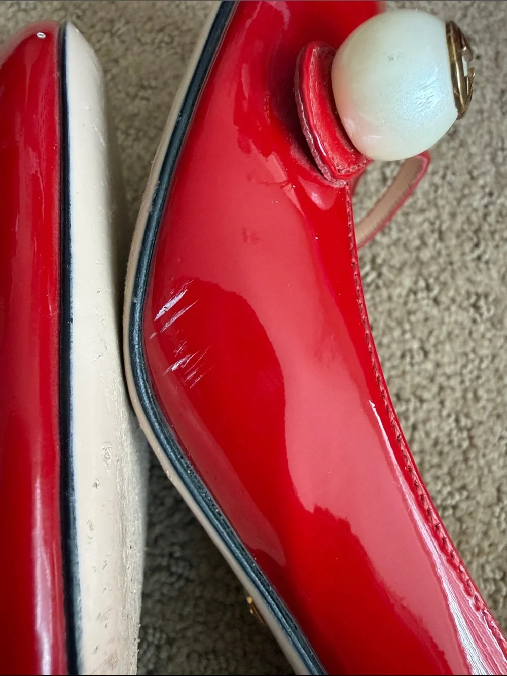 Gucci Arielle Mary Jane Red Patent Leather Pumps with Pearl Button